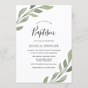 Elegant Greenery Leaf Boy or Girl Baptism Invite