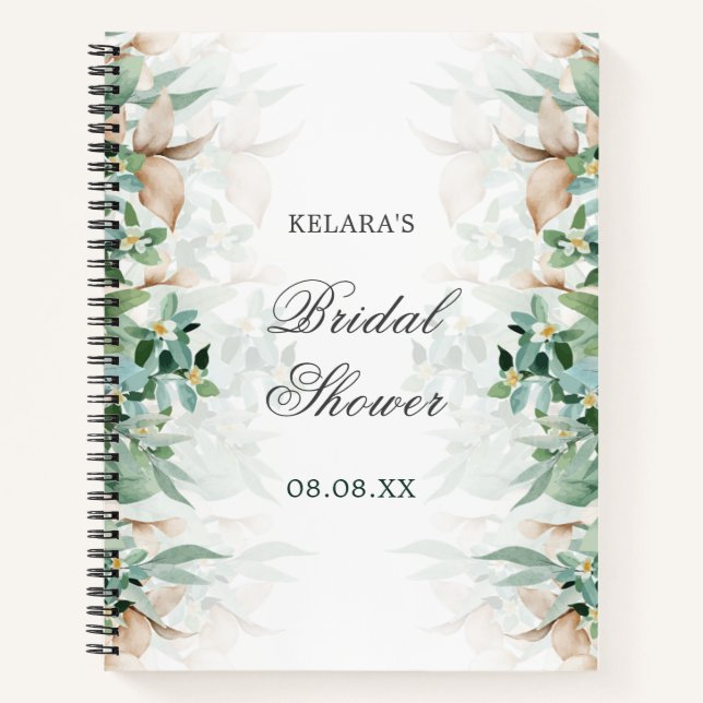 Elegant Greenery Leaf Floral Bridal Shower Wedding Notebook (Front)