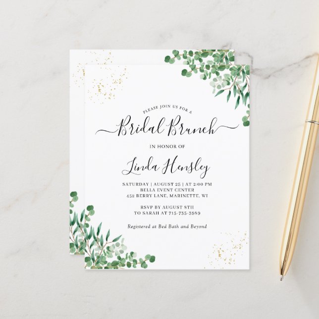 Elegant Greenery Leaves Bridal Brunch invitation (Front/Back In Situ)