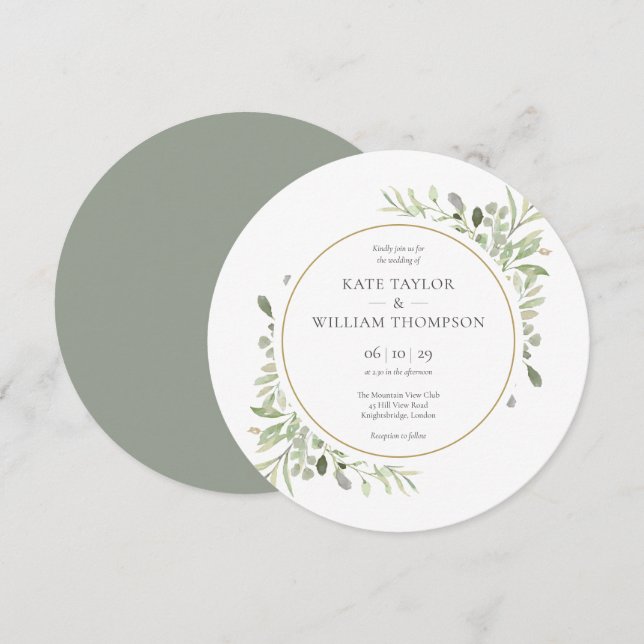 Elegant Greenery Leaves Circular Wedding Invitation (Front/Back)