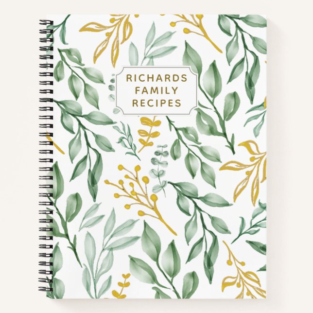 Elegant Greenery Leaves Cookbook Family Recipe Notebook (Front)