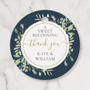 Elegant Greenery Leaves Deep Sea Blue Wedding Favour Tags