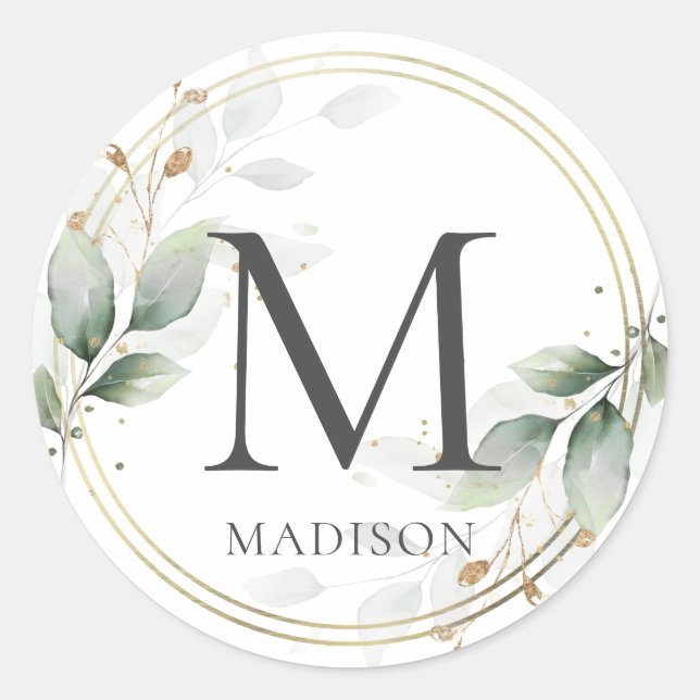 ELEGANT Greenery Leaves Gold Monogram (editable) Classic Round Sticker (Front)