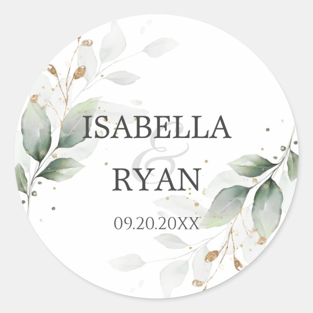 ELEGANT Greenery Leaves Gold Wedding Invitation Cl Classic Round Sticker (Front)