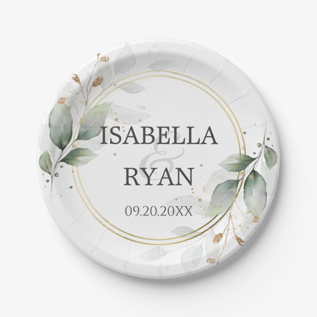 ELEGANT Greenery Leaves Gold Wedding Paper Plate (Front)