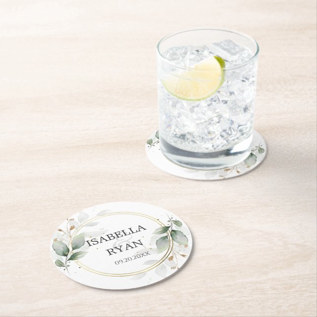 ELEGANT Greenery Leaves Gold Wedding Round Paper Coaster (Insitu)