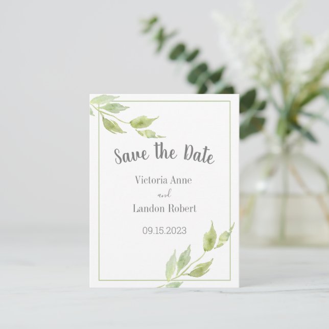Elegant Greenery Leaves Watercolor Wedding  Save The Date (Standing Front)