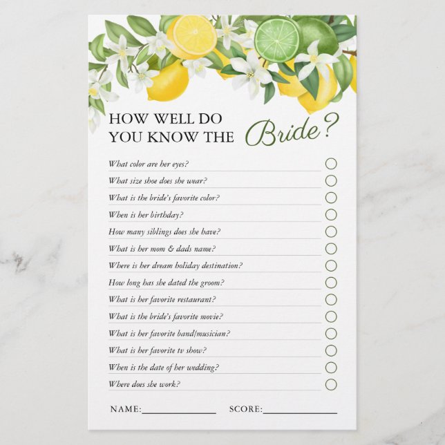 Elegant Greenery Lemon Bridal Shower Game (Front)