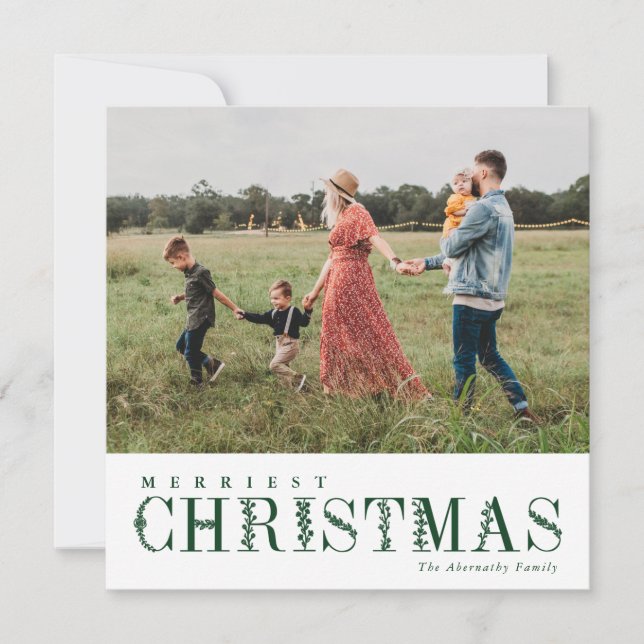 Elegant Greenery Lettering Christmas Green | Photo Holiday Card (Front)