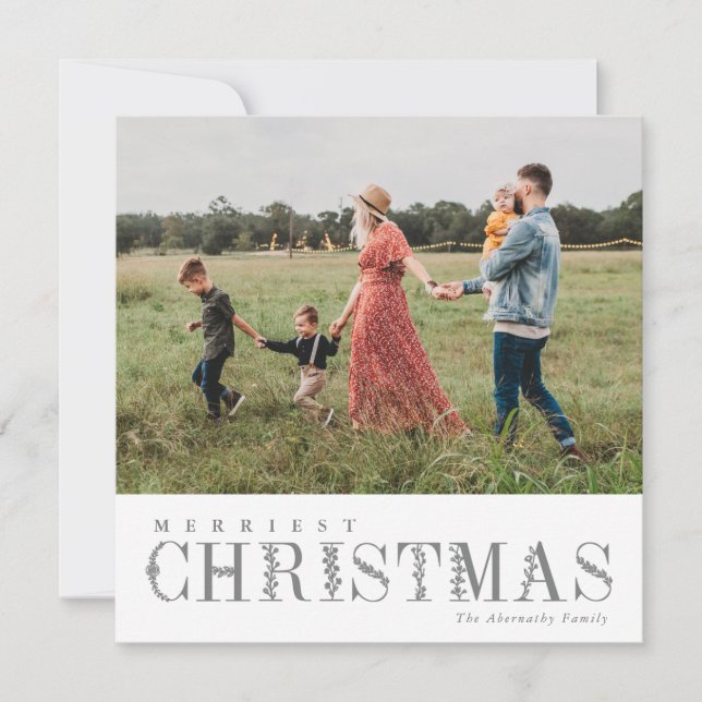Elegant Greenery Lettering Christmas Grey | Photo Holiday Card (Front)