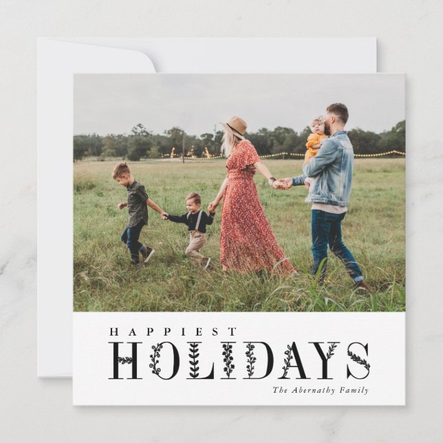 Elegant Greenery Lettering Happiest Black | Photo Holiday Card (Front)