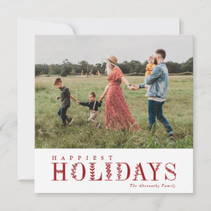 Elegant Greenery Lettering Happiest Red Photo Holiday Card