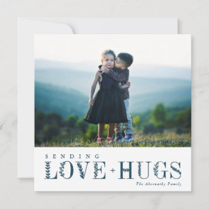 Elegant Greenery Lettering Love Hugs Blue Photo Holiday Card