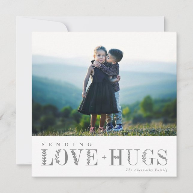 Elegant Greenery Lettering Love Hugs Grey| Photo Holiday Card (Front)