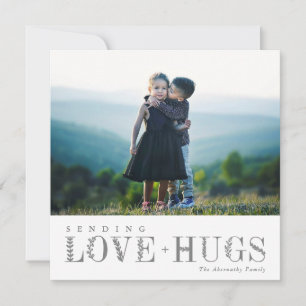 Elegant Greenery Lettering Love Hugs Grey  Photo Holiday Card