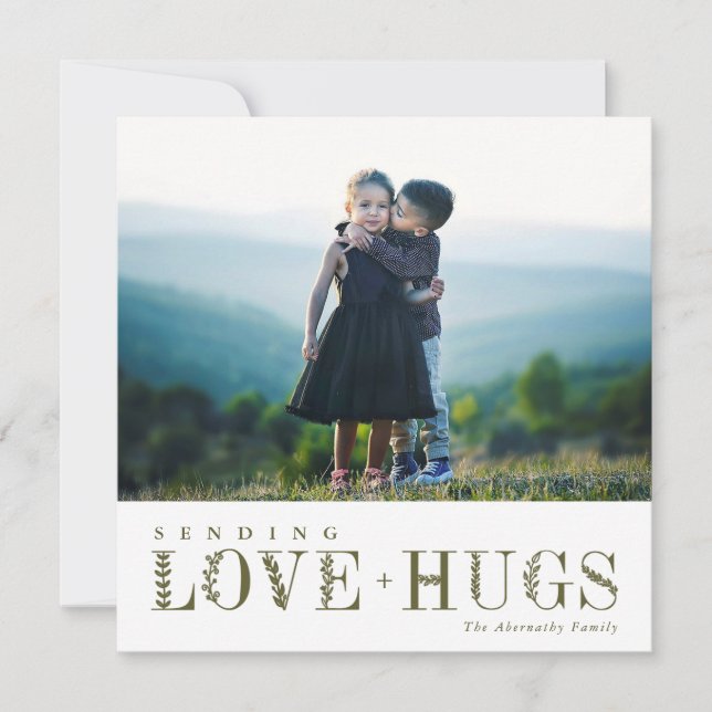Elegant Greenery Lettering Love Hugs Olive | Photo Holiday Card (Front)