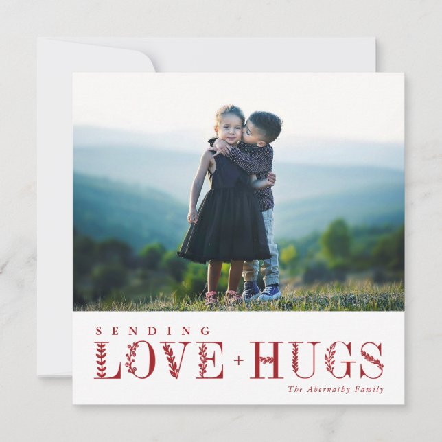 Elegant Greenery Lettering Love Hugs Red | Photo Holiday Card (Front)