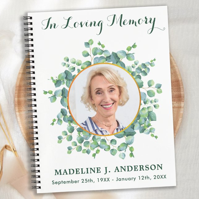 Elegant Greenery Memorial Photo Funeral Guestbook Notebook (Creator Uploaded)