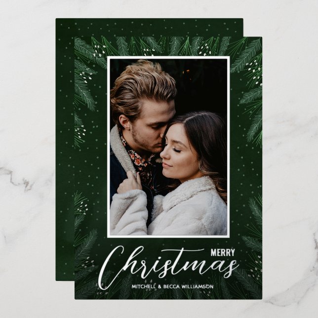 Elegant Greenery Merry Christmas Photo Foil Holiday Card (Front/Back)
