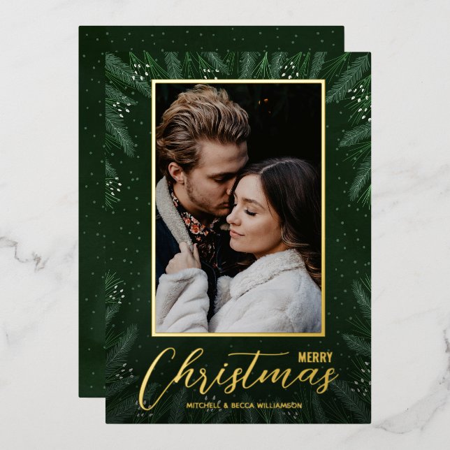 Elegant Greenery Merry Christmas Photo Foil Holiday Card (Front/Back)