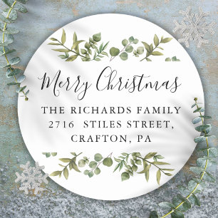Elegant Greenery Merry Christmas Return Address Classic Round Sticker