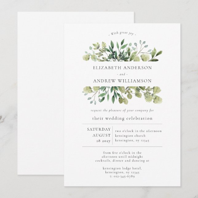 Elegant Greenery Minimalist Wedding  Invitation (Front/Back)