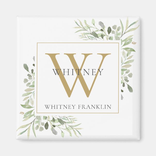 Elegant Greenery Monogram Name Magnet (Front)