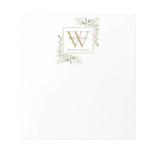 Elegant Greenery Monogram Name Notepad (Front)