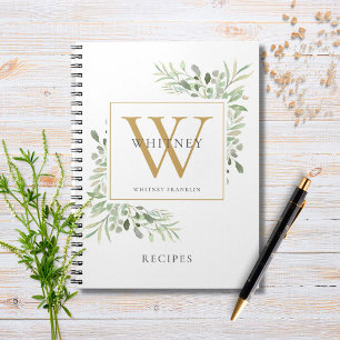 Elegant  Greenery Monogram Name Recipe Cookbook Notebook