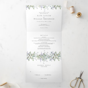 Elegant Greenery Monogram Photo Wedding Tri-Fold Invitation