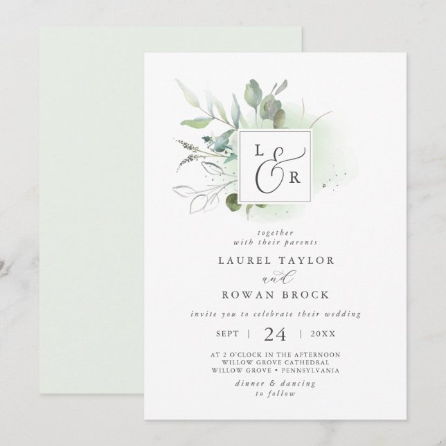 Elegant Greenery Monogram Wedding Invitation (Front/Back)
