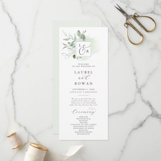 Elegant Greenery Monogram Wedding Program Programme (Front/Back In Situ)