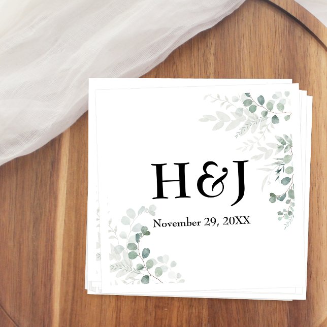 Elegant Greenery Monograms and Date Napkin (Creator Uploaded)