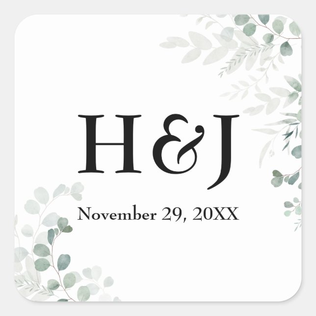 Elegant Greenery Monograms and Date Square Sticker (Front)