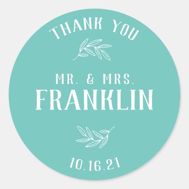 Elegant Greenery Mr and Mrs Wedding Favour Classic Round Sticker (Front)