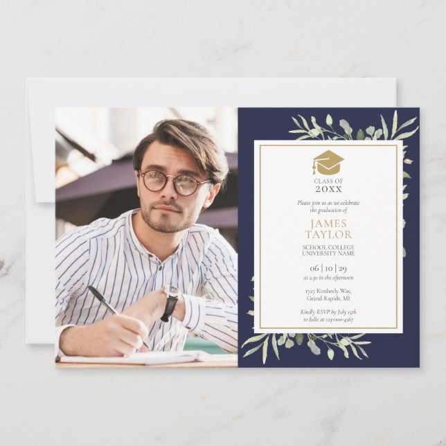 Elegant Greenery Navy Blue Graduation Party Photo  Invitation (Front)