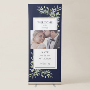 Elegant Greenery Navy Blue Photo Wedding Welcome Retractable Banner
