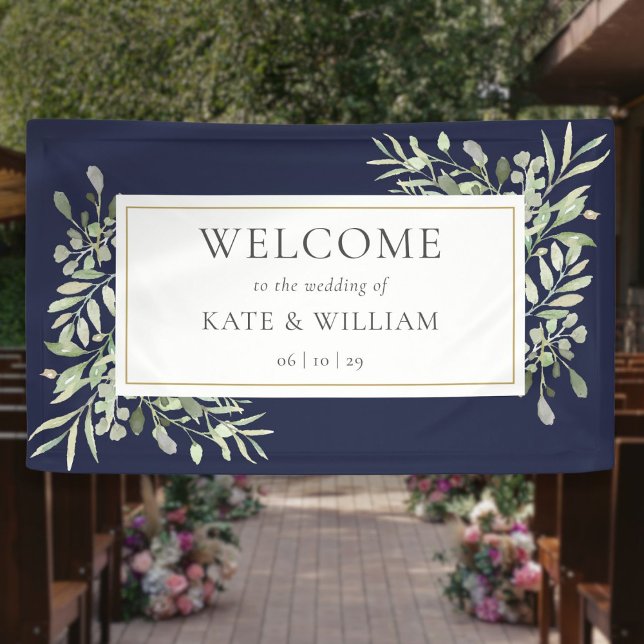 Elegant Greenery Navy Blue Wedding Welcome Banner (Elegant Greenery Navy Blue Wedding Welcome Banner)