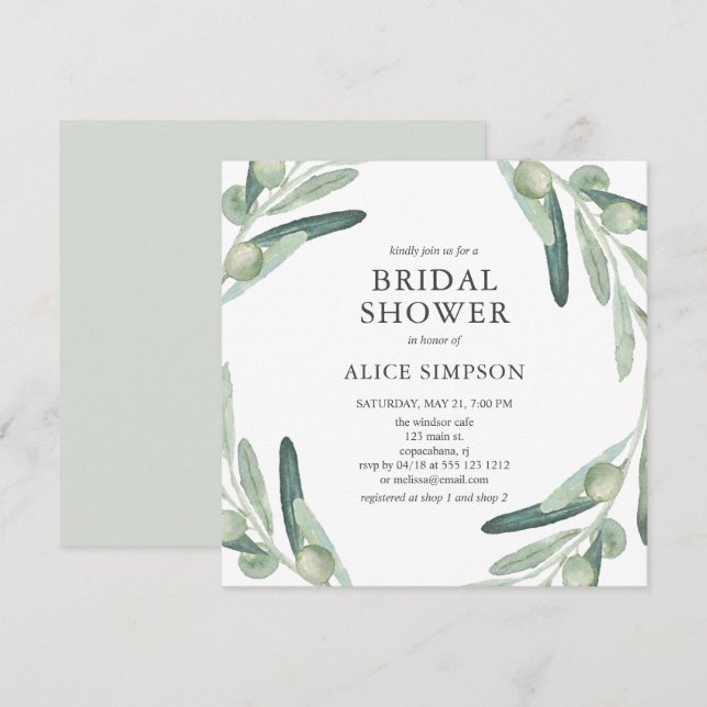 Elegant Greenery Olive Bridal Shower Invitation (Front/Back)