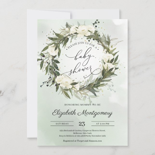 Elegant Greenery Olive Wreath White Roses Baby Invitation (Front)