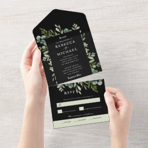 Elegant Greenery on Black Wedding All In One Invitation