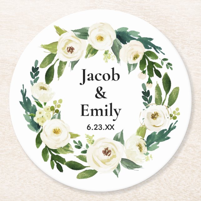Elegant Greenery Personalised Names Date Wedding Round Paper Coaster (Front)
