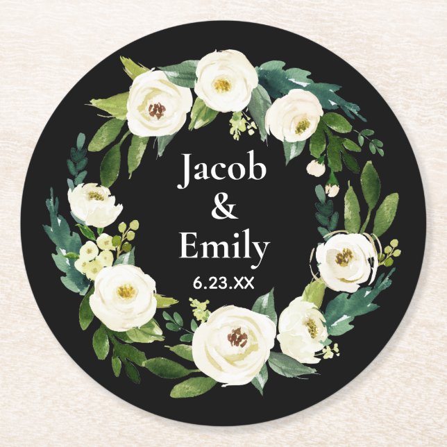 Elegant Greenery Personalised Names Date Wedding Round Paper Coaster (Front)