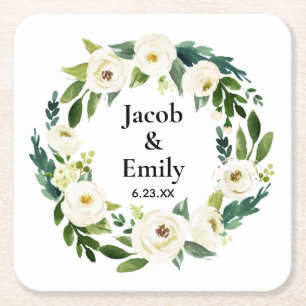 Elegant Greenery Personalised Names Date Wedding Square Paper Coaster