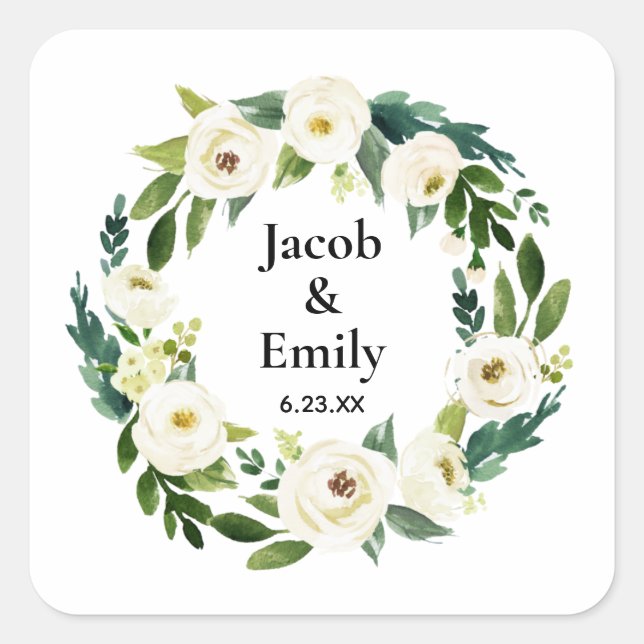 Elegant Greenery Personalised Names Date Wedding Square Sticker (Front)