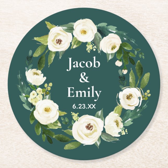 Elegant Greenery Personalised Names Green Wedding Round Paper Coaster (Front)
