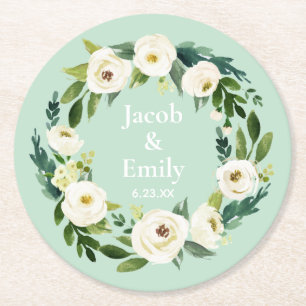 Elegant Greenery Personalised Names Mint Wedding Round Paper Coaster