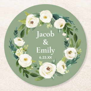 Elegant Greenery Personalised Names Sage Wedding Round Paper Coaster