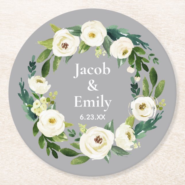 Elegant Greenery Personalised Names Silver Wedding Round Paper Coaster (Front)