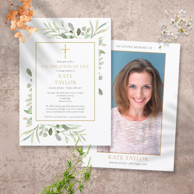 Elegant Greenery Photo Celebration of Life Funeral Invitation (Creator Uploaded)
